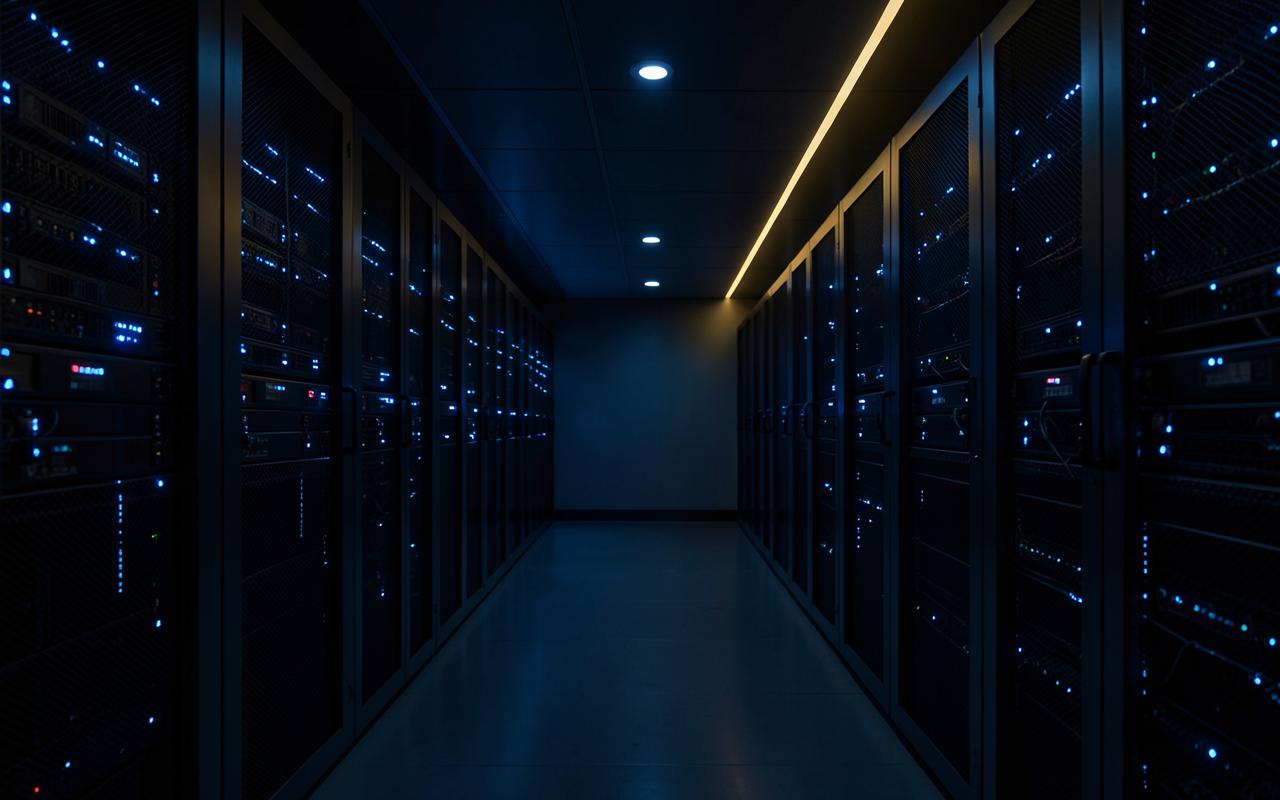 Dark data centre corridor with blue server lights and a gold light strip