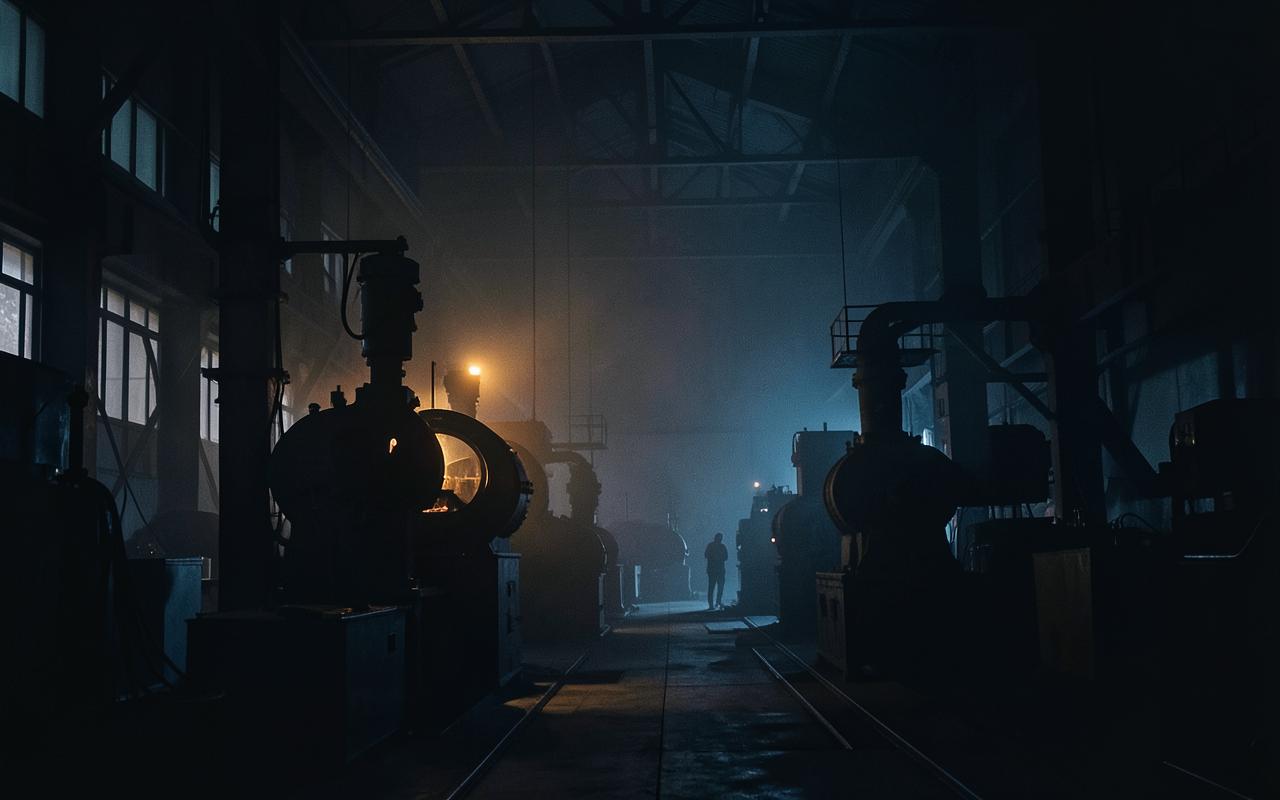 Industrial manufacturing plant interior at night, lit by a single warm lamp