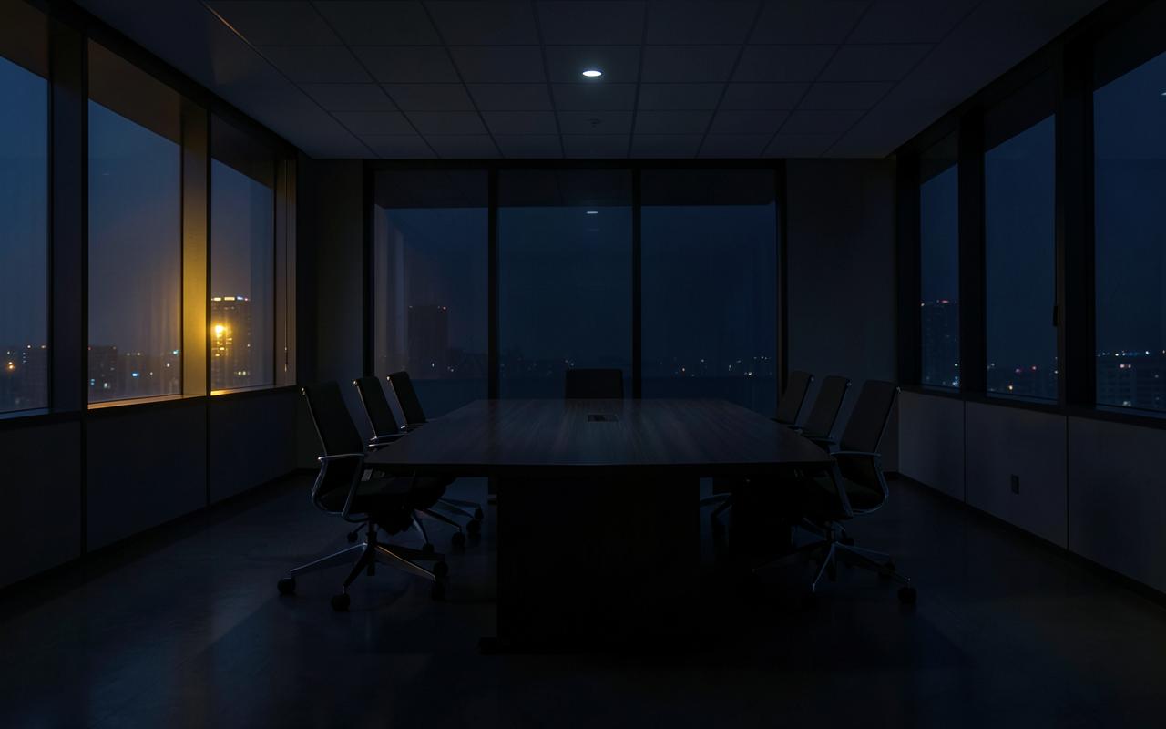Empty boardroom at night with city light through the windows